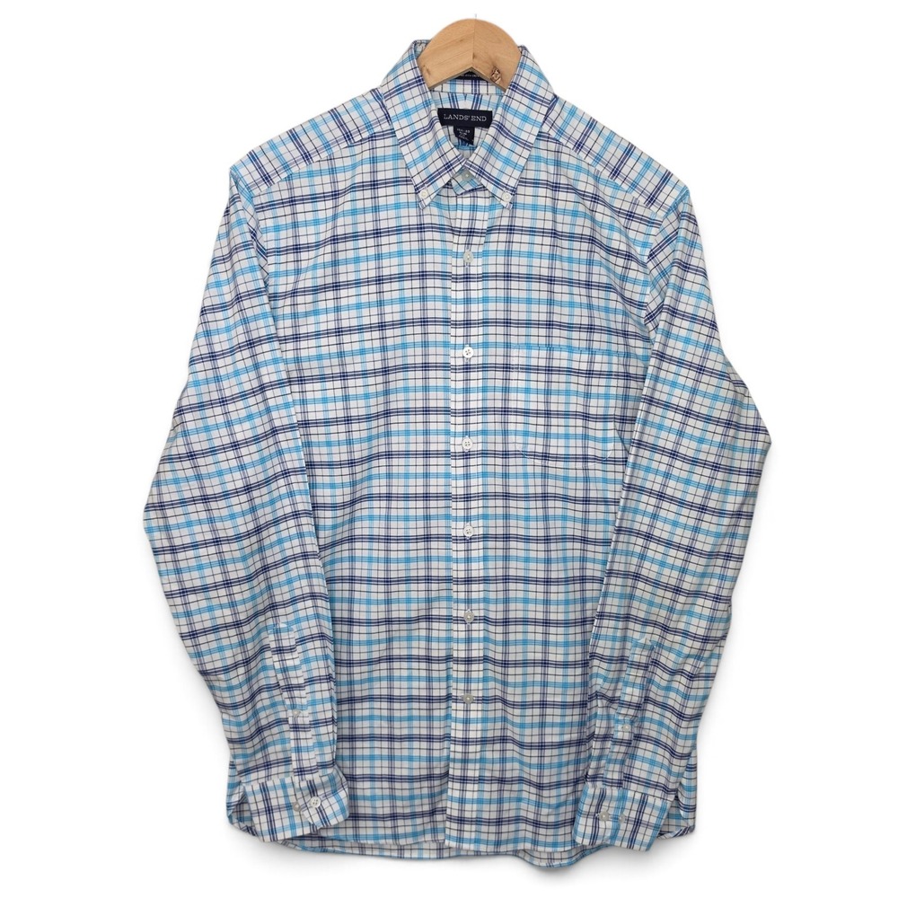 Lands End Mens Dress Shirt 15.5 35 Slim Fit No Iron Oxford Blue Plaid Button
